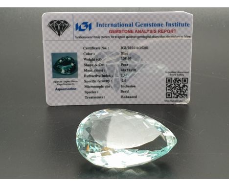 A large (158 carats!), collector?s item, pear shaped, Aquamarine crystal. With IGI certificate. Dimensions: 48x31x18 mm. 