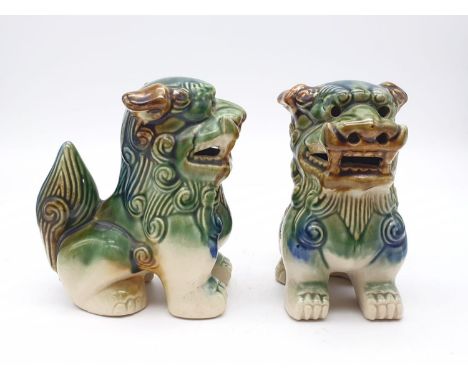 Pair of Vintage Foo Dogs. Blue and Green Ceramic Guardian Lions. Good Condition. 14cm tall 