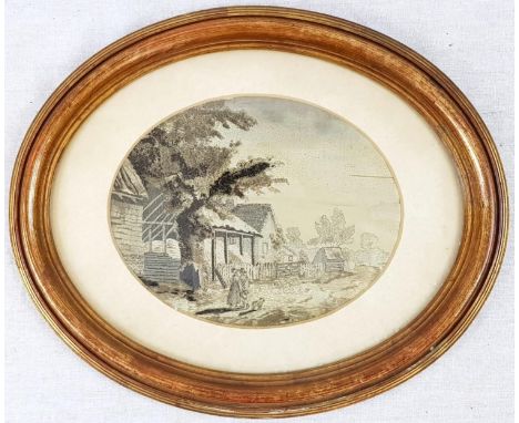 Antique Tapestry Portrait. Depicting Life on a Farm.Oval Shape, In Frame - 34 x 30cm 