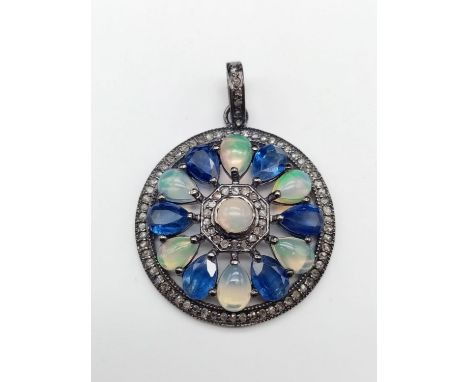 Art Deco Kyanite and Opal Pendant in 925 Silver with diamonds surround. 5.60cts kyanites, 3.40ct opals and 1ct of diamonds, 3