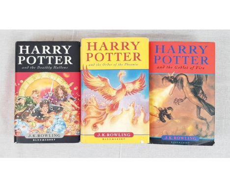 Three First Edition Hardback Harry Potter Books. Order of the Phoenix, Deathly Hallows and Goblet of Fire. 