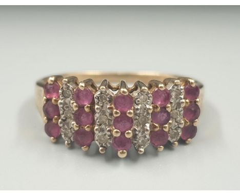 9K YELLOW GOLD DIAMOND &amp; RUBY FANCY STEP RING, WEIGHT 2.5G SIZE P 