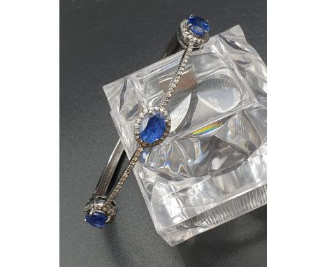 925 Silver bangle set with 3 Oval cut Kyanites & 92 Rose cut diamonds of approx 3ctsW.G.I (World Gemmological Institute) UK C