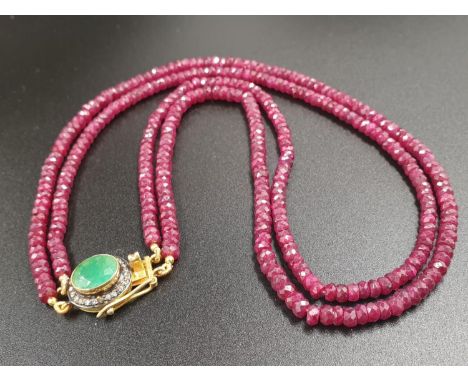 A two row ruby gemstone necklace with emerald clasp with halo of rose cut diamonds vintage style 45.5cm 