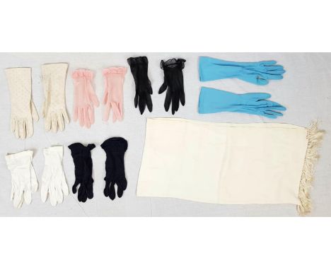 Six Pairs of Vintage Ladies Dress Gloves. Size Medium.And a Cream Vintage Scarf. 