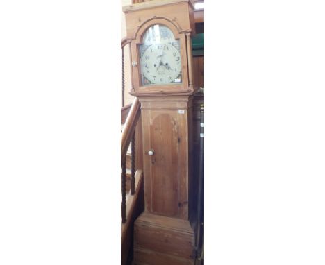 A 19th Century pine cased eight day longcase clock with floral and fruit painted arched dial marked E. Cohen, Redruth