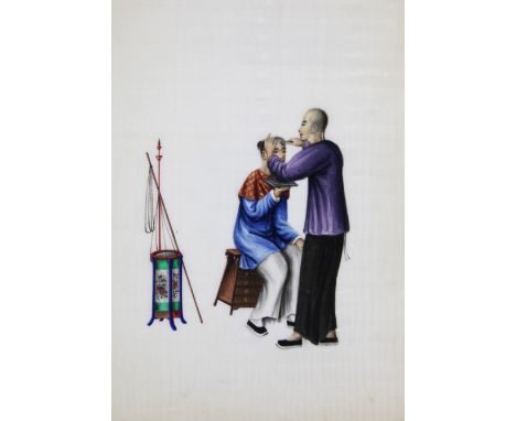 Chinese school (first half 19th century), an album of 6 pith paintings of Qing dynasty street figures, ribbon borders, the al