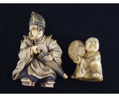 Two Japanese ivory netsuke, 19th century, the first of a priest holding a parasol, signed Sei..?, 5.5cm, the second a figure 