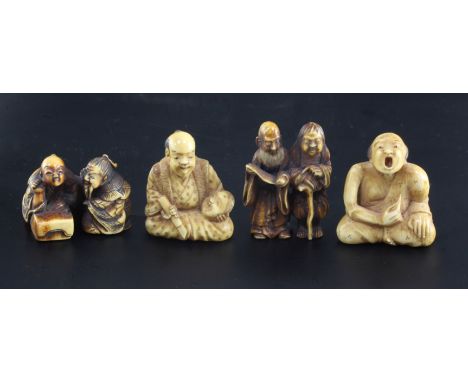 Four Japanese ivory netsuke, 19th / early 20th century, the first of a seated mask maker, two character signature, the second