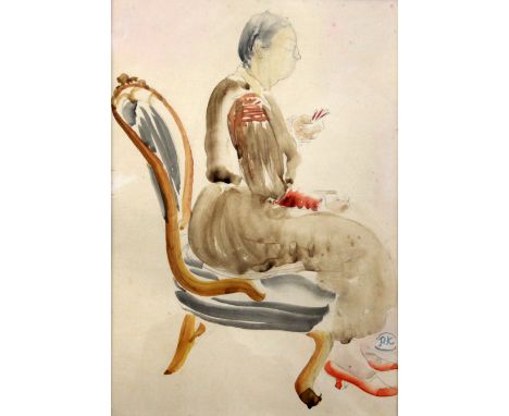 Pegaret Anthony (neé Keeling) (1915-2000)watercolour and pencilPortrait of Nellie Hawes playing cardsmonogrammed13.5 x 9.5in.