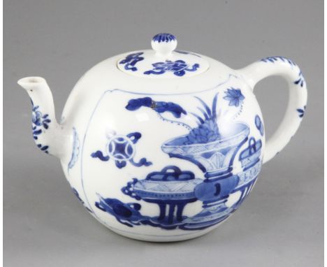 A Chinese blue and white globular teapot and cover, Kangxi period, painted with 'Antiques' to each side interspersed by ribbo