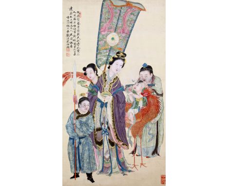 A Chinese scroll painting on silk, 19th century, painted with an Empress with female attendants, one holding a phoenix banner