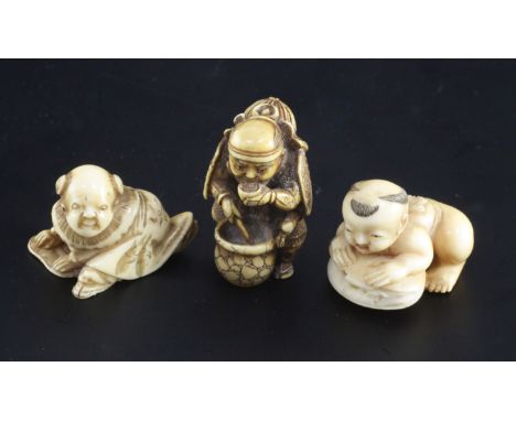 Three Japanese ivory netsuke, 19th century, the first of a Samurai drinking broth from a pot, engraved two character signatur