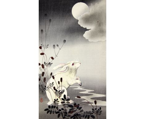 Ohara Koson (1877-1945). Three ukiyo-e prints; including hare and moon, trimmed, 33 x 19cm, Northern Lapwing on the branch of