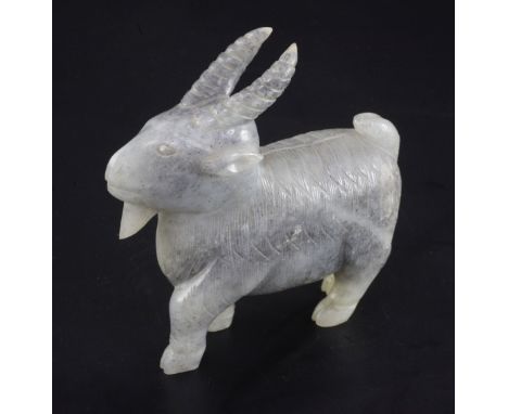 A Chinese grey jade figure of a standing ram, 18th / 19th century, length 11cm, wood standProvenance: UK private collection; 