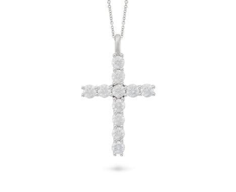 A DIAMOND CROSS PENDANT NECKLACE in 18ct white gold, designed as a cross set with round brilliant cut diamonds, the diamonds 