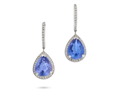 A PAIR OF TANZANITE AND DIAMOND DROP EARRINGS in 14ct white gold, each designed as a hoop set with a row of round cut diamond