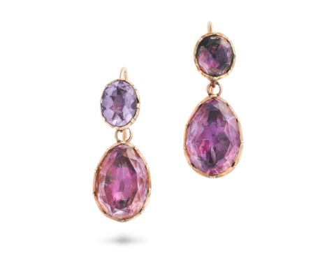 A PAIR OF ANTIQUE AMETHYST DROP EARRINGS, 19TH CENTURY AND LATER in yellow gold, each set with an oval cut amethyst suspendin
