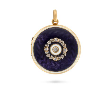 AN ANTIQUE FRENCH DIAMOND AND ENAMEL LOCKET PENDANT in 18ct yellow gold, the circular pendant decorated with purple guilloche