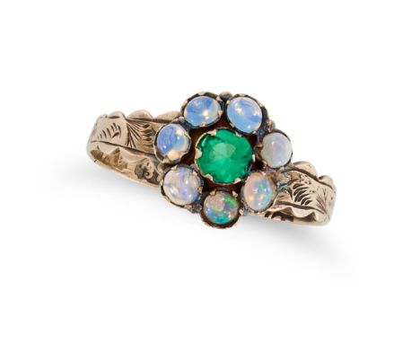 AN ANTIQUE EMERALD AND OPAL CLUSTER RING in 9ct yellow gold, set with a cushion cut emerald in a cluster of cabochon opals, p