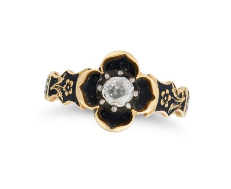 AN ANTIQUE VICTORIAN DIAMOND AND ENAMEL MOURNING RING in 18ct yellow gold, comprising a floral motif set with an old cut diam