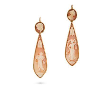 A PAIR OF ANTIQUE SHELL CAMEO DROP EARRINGS in 18ct yellow gold, each set with a shell cameo carved to depict the profile of 