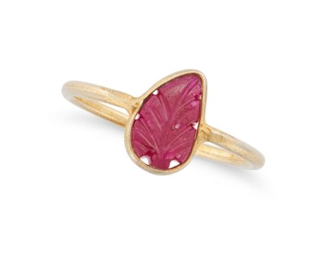 A RUBY RING set with a cabochon ruby carved to depict a leaf, no assay marks, size L1/2 / 6, 1.1g. 
