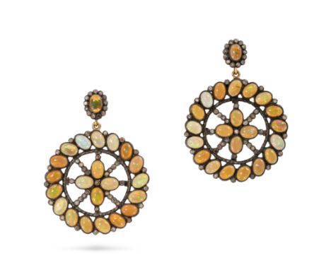 A PAIR OF OPAL AND DIAMOND DROP EARRINGS each set with an oval cabochon opal in a cluster of round cut diamonds, suspending a