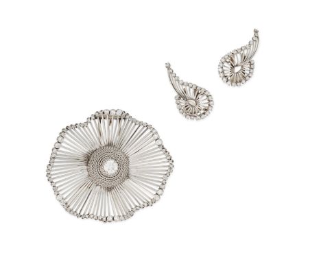 STERLE, A DIAMOND BROOCH / PENDANT AND CLIP EARRINGS SET in 18ct white gold, the brooch set to the centre with a transitional