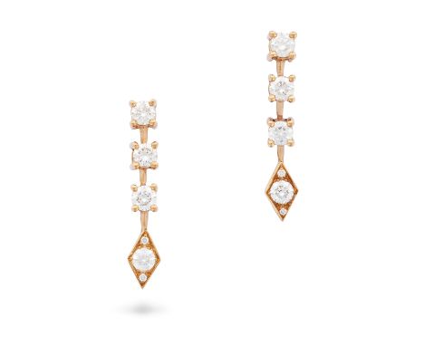 GARRARD, A PAIR OF DIAMOND DROP EARRINGS in 18ct yellow gold, each comprising a row of round brilliant cut diamonds, the diam