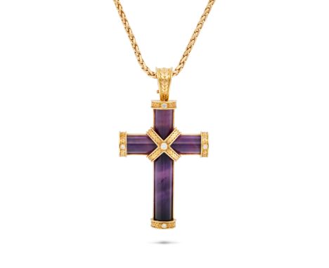 THEO FENNELL, AN AMETHYST AND DIAMOND CROSS PENDANT NECKLACE in 18ct yellow gold, the pendant designed as a cross, set with f