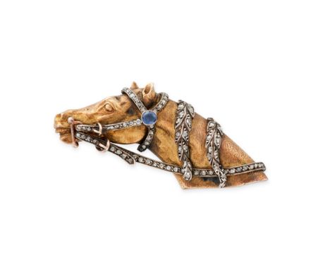 AN ANTIQUE SAPPHIRE AND DIAMOND HORSE BROOCH in yellow gold, designed as the head of a horse, the bridle, reigns and mane set