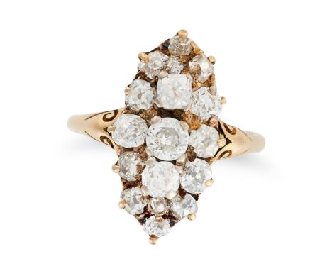 AN ANTIQUE DIAMOND NAVETTE RING in 18ct yellow gold, the navette shaped face set with a cluster of old cut diamonds, the diam