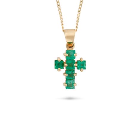 AN EMERALD CROSS PENDANT NECKLACE the cross pendant set with square step cut emeralds, suspended form a fine curb chain, stam