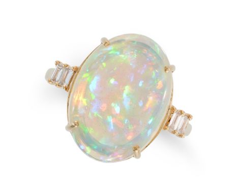 A 7.36 CARAT OPAL AND DIAMOND RING in 18ct yellow gold, set with an oval cabochon opal of 7.36 carats, accented by baguette c