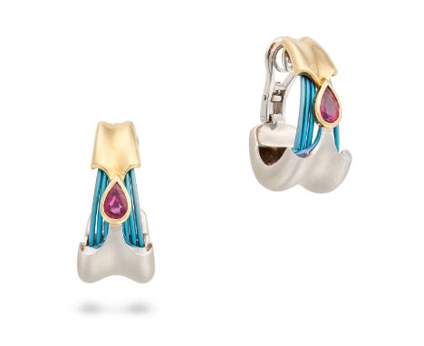 A PAIR OF RUBY HOOP CLIP EARRINGS the bicolour hoop earrings each set with a pear cut ruby, accented by blue titanium wires, 