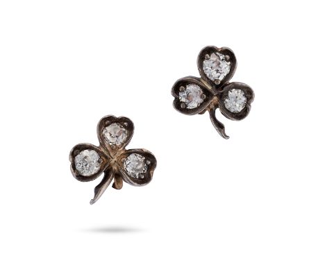A PAIR OF ANTIQUE DIAMOND SHAMROCK / CLOVER EARRINGS in yellow gold and silver, each designed as a shamrock / clover set with