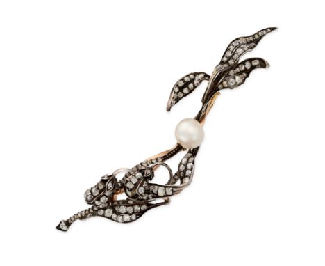 AN ANTIQUE DIAMOND AND PEARL FLOWER BROOCH in yellow gold and silver, designed as a floral spray set throughout with old and 