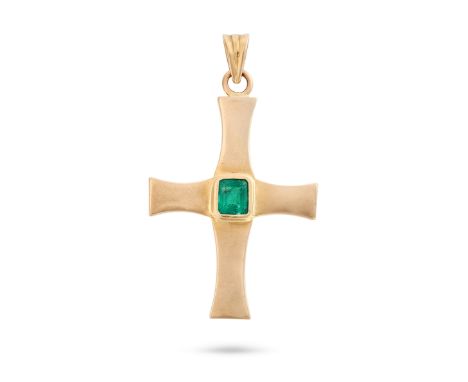 AN EMERALD CROSS PENDANT designed as a cross set with an octagonal step cut emerald, stamped 750, 4.8cm, 10.6g. 