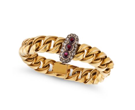 AN ANTIQUE GARNET AND DIAMOND BRACELET in high carat yellow gold, comprising a curb chain set with three round cut garnets in