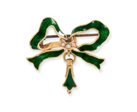 AN ANTIQUE ENAMEL AND PEARL BOW BROOCH in 18ct yellow gold, designed as a bow relieved in green enamel and set with seed pear