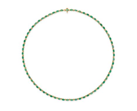 AN EMERALD NECKLACE in 18ct yellow gold, set with a row of marquise cut emeralds all totalling 4.81 carats, inscribed 4.81, p