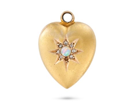 NO RESERVE - AN ANTIQUE OPAL AND DIAMOND HEART CHARM / PENDANT in 15ct yellow gold, the pendant designed as a heart, set with
