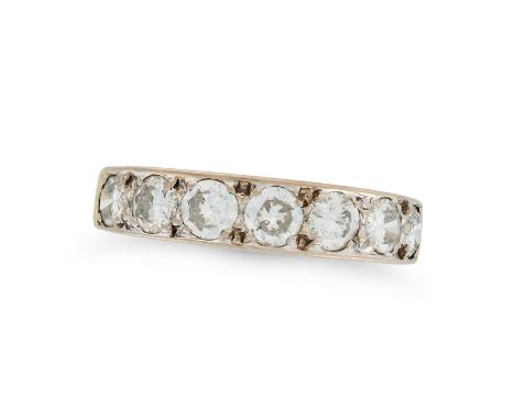 A VINTAGE DIAMOND HALF ETERNITY RING in 18ct yellow gold, half set with a row of round brilliant cut diamonds, the diamonds t