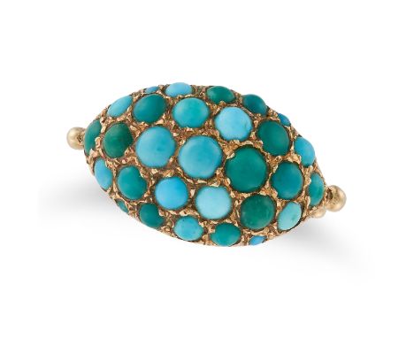 A TURQUOISE DRESS RING in 9ct yellow gold, the domed face set with cabochon turquoise, full British hallmarks, size N1/2 / 7,