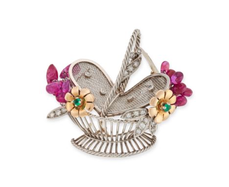 A RETRO FRENCH RUBY, DIAMOND AND EMERALD FLOWER BASKET BROOCH in 18ct white and yellow gold, designed as a basket of flowers,