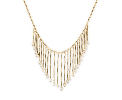 AN ANTIQUE PEARL FRINGE NECKLACE in yellow gold, comprising a belcher chain, suspending an articulated fringe of further belc