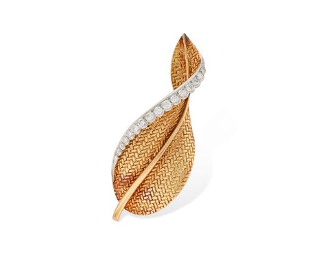 BOUCHERON, A DIAMOND LEAF BROOCH in 18ct yellow gold, designed as a leaf, accented by a row of round brilliant cut diamonds, 