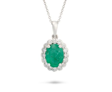 AN EMERALD AND DIAMOND CLUSTER PENDANT NECKLACE in 18ct white gold, the pendant set with an oval cut emerald of approximately
