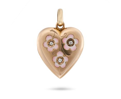 AN ANTIQUE DIAMOND AND ENAMEL HEART LOCKET PENDANT in yellow gold, the hinged locket designed as a heart with three pink enam